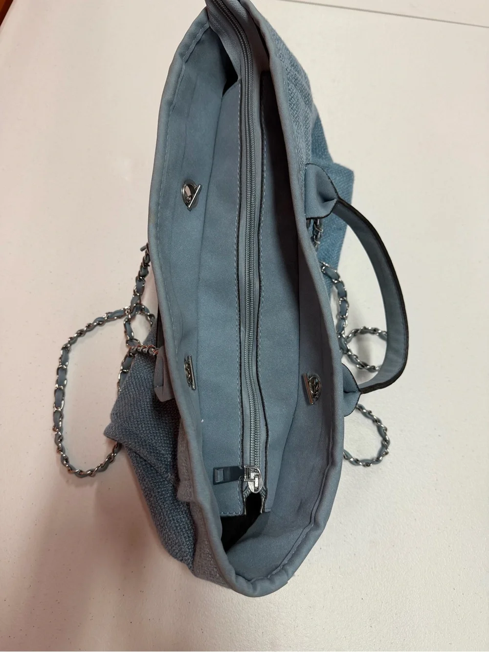 Blue “THE TOTEBAG” Large Woven Tote Shoulder Bag Chain Straps Top Handle B332